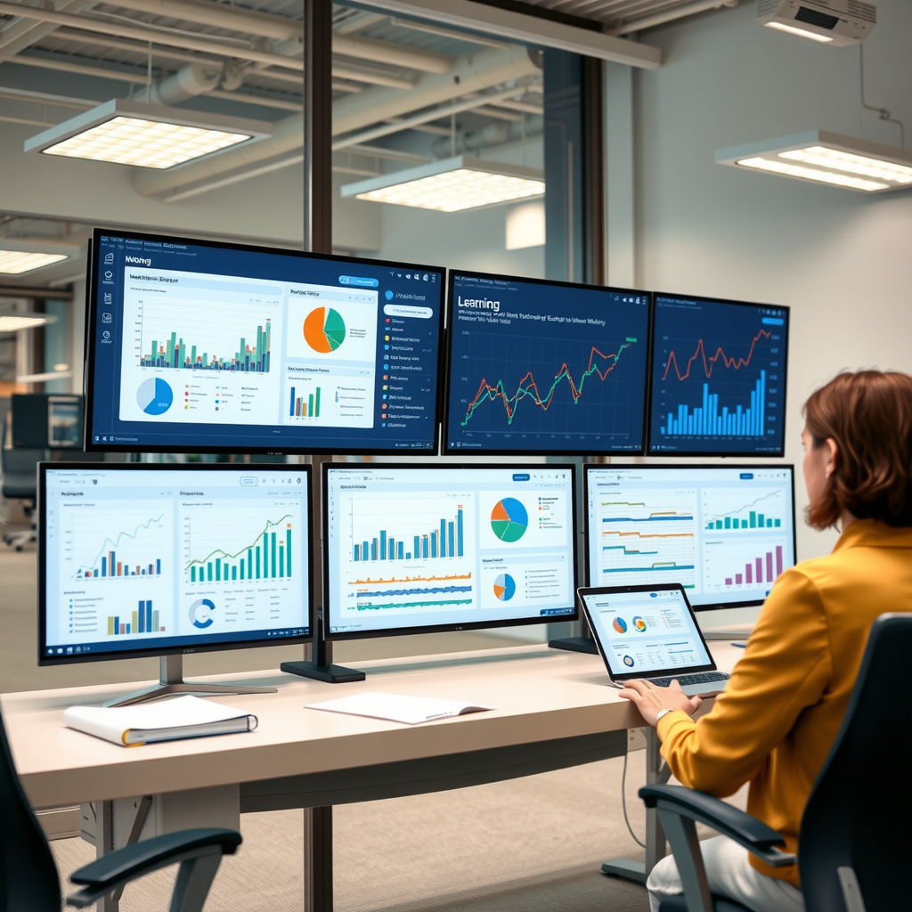 Moderne Bildungsplattform mit interaktiven Dashboards, Wirtschaftsgrafiken und Lernmaterialien auf mehreren Bildschirmen in einem professionellen Büroumfeld