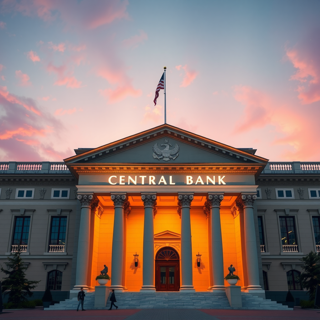 Imposantes Gebäude einer Zentralbank mit klassischer Architektur, Säulen und dem Symbol für Währungsstabilität, aufgenommen bei Sonnenuntergang mit dramatischer Beleuchtung