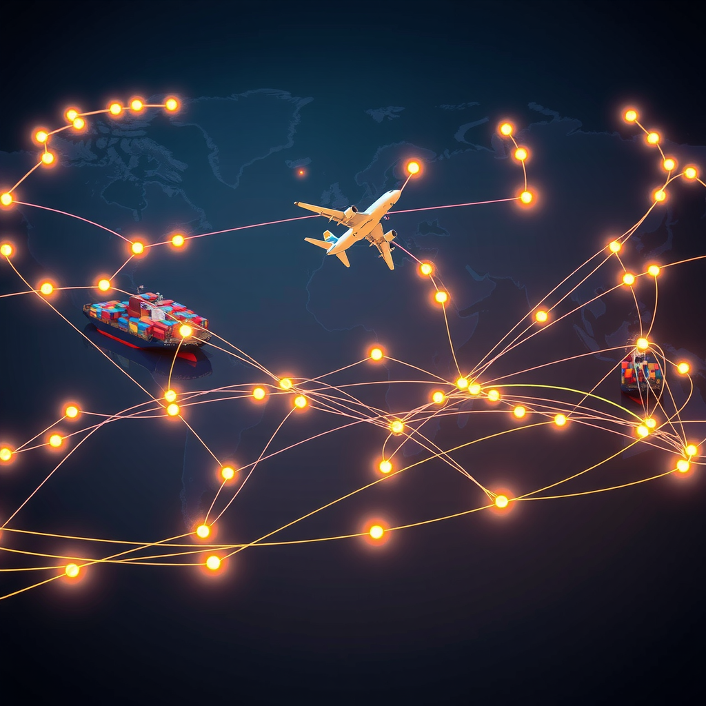 Komplexes globales Lieferkettennetzwerk mit Containerschiffen, Frachtflugzeugen und Logistikzentren, die durch leuchtende Verbindungslinien auf einer Weltkarte miteinander verbunden sind, symbolisiert die Vernetzung internationaler Handelsrouten