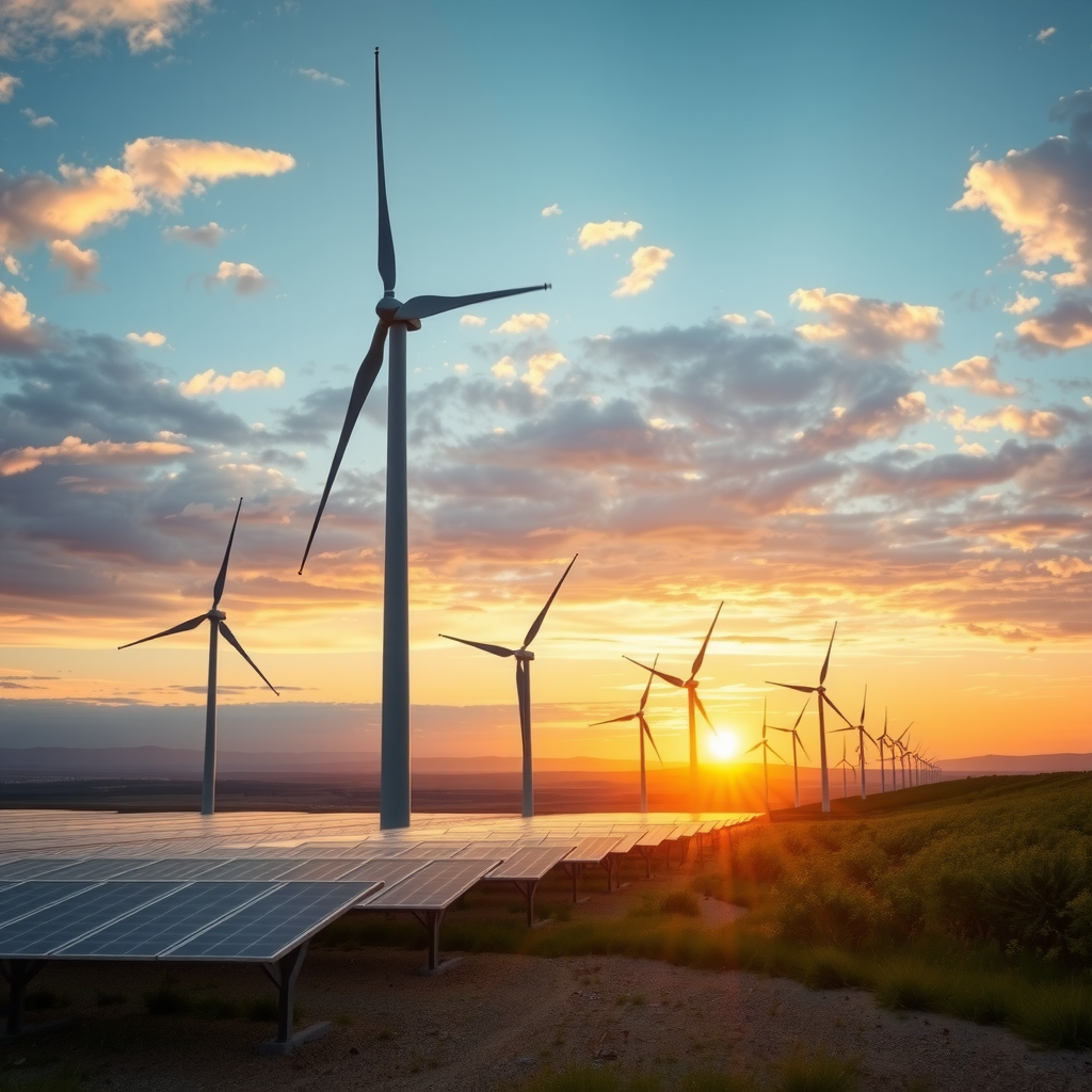 Moderne Windkraftanlagen und Solarpanels in einer weitläufigen Landschaft bei Sonnenuntergang, symbolisieren die Transformation der globalen Energiemärkte durch erneuerbare Technologien