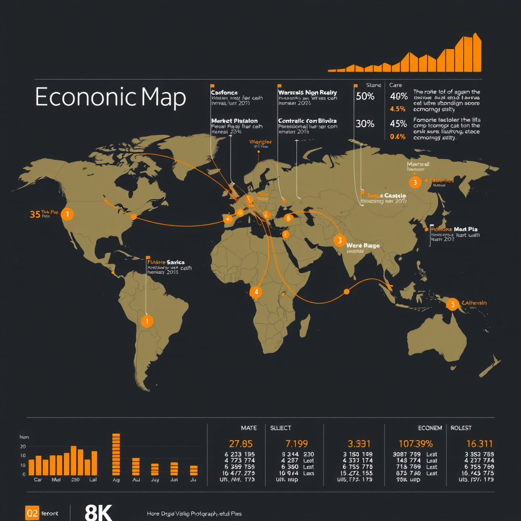 Interaktive Weltkarte mit Wirtschaftsdaten, Marktindikatoren und Handelswegen zwischen verschiedenen Kontinenten, dargestellt mit modernen Infografiken