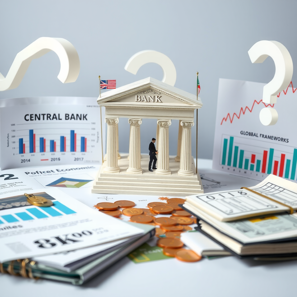 Professionelle Darstellung von Zentralbank-Instrumenten mit Symbolen für Zinssätze, quantitative Maßnahmen und regulatorische Rahmenwerke, umgeben von globalen Wirtschaftsindikatoren und Politikdokumenten