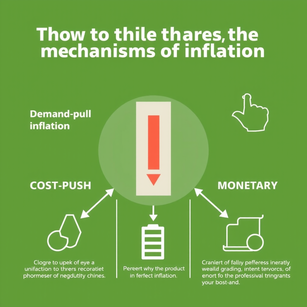 Infografik, die die verschiedenen Mechanismen der Inflation zeigt: Nachfrageinflation, Kosteninflation und monetäre Inflation mit Pfeilen und Diagrammen