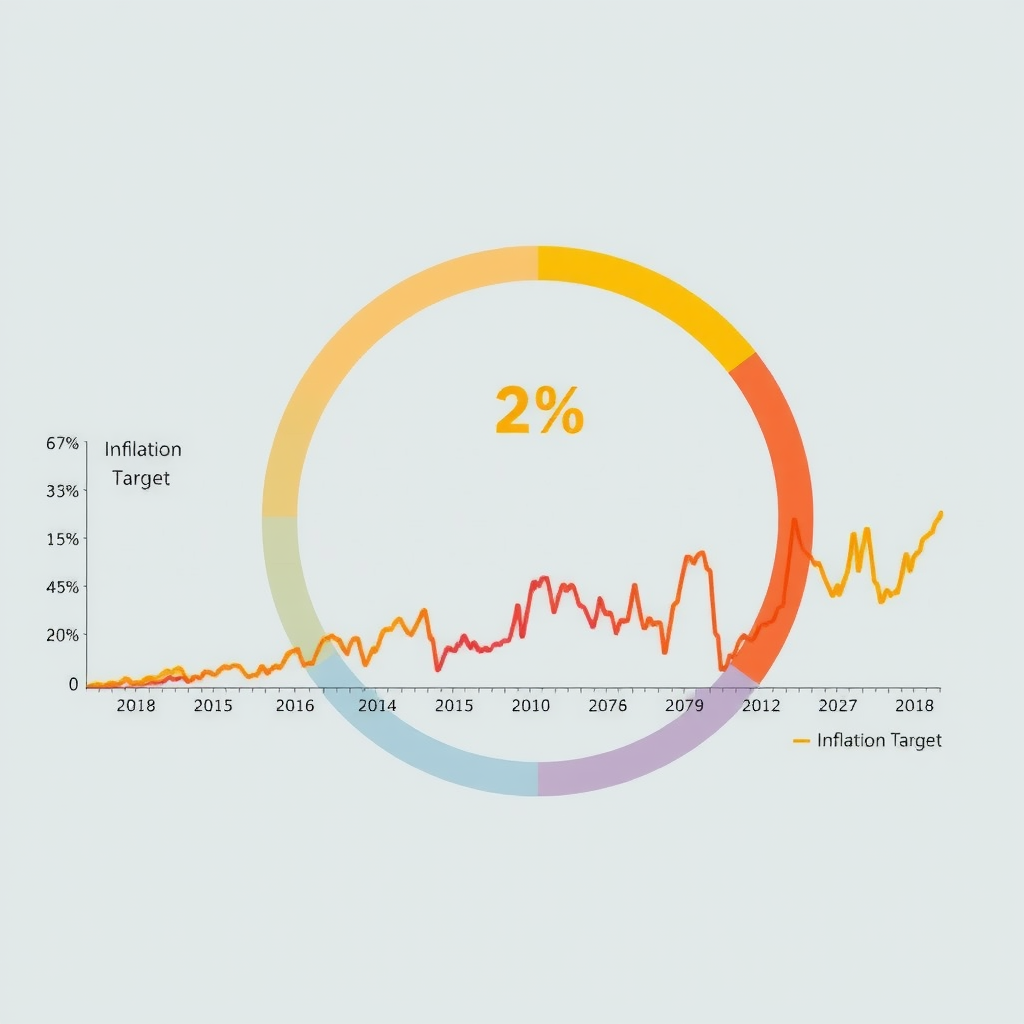 Detailliertes Diagramm zeigt die Inflationszielrate von 2% mit historischen Daten, Schwankungen und Zentralbank-Interventionspunkten in verschiedenen Farben dargestellt