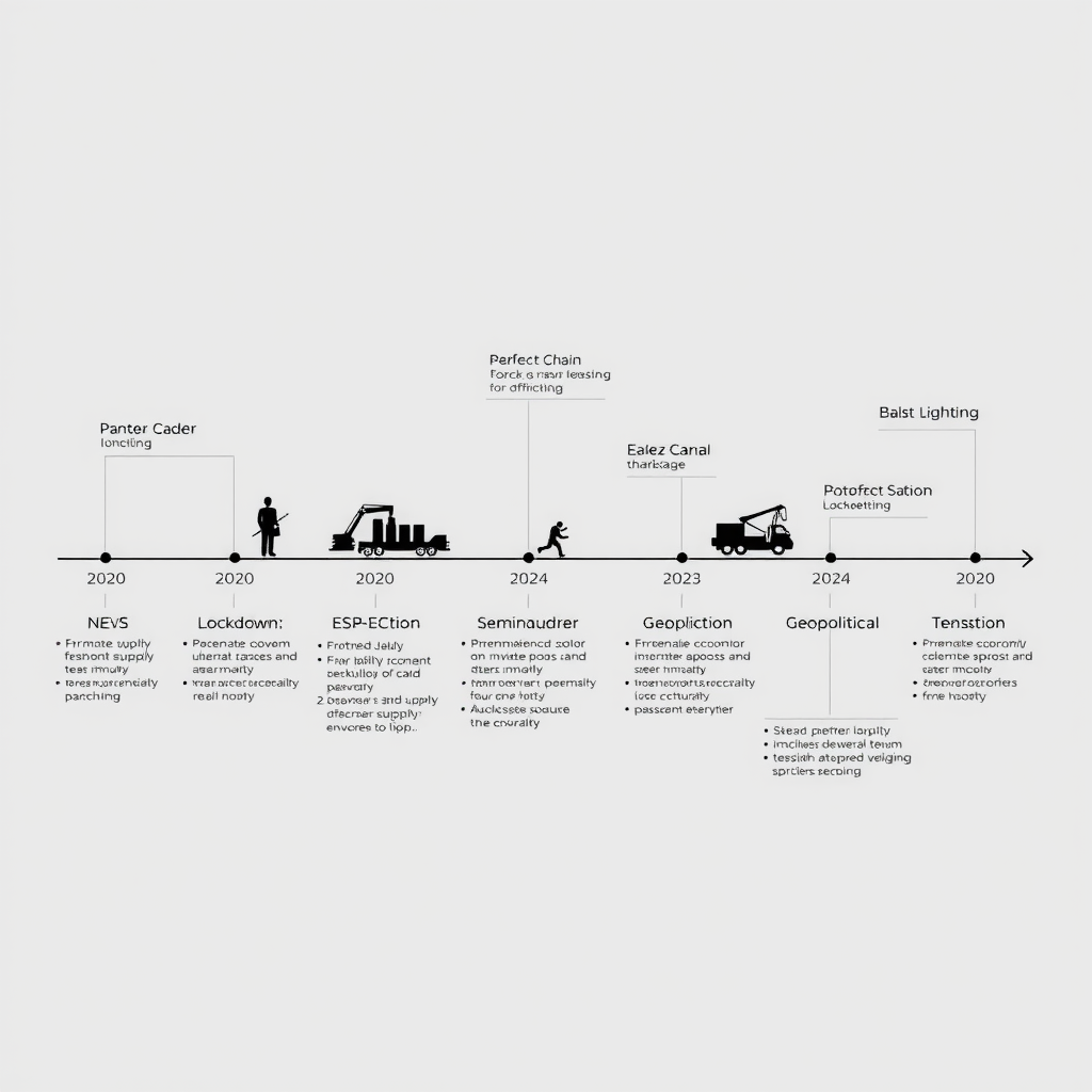 Zeitstrahl der Lieferkettenunterbrechungen von 2020 bis 2024, zeigt wichtige Ereignisse wie Pandemie-Lockdowns, Suez-Kanal-Blockade, Halbleiterknappheit und geopolitische Spannungen mit visuellen Indikatoren für Schweregrad und wirtschaftliche Auswirkungen