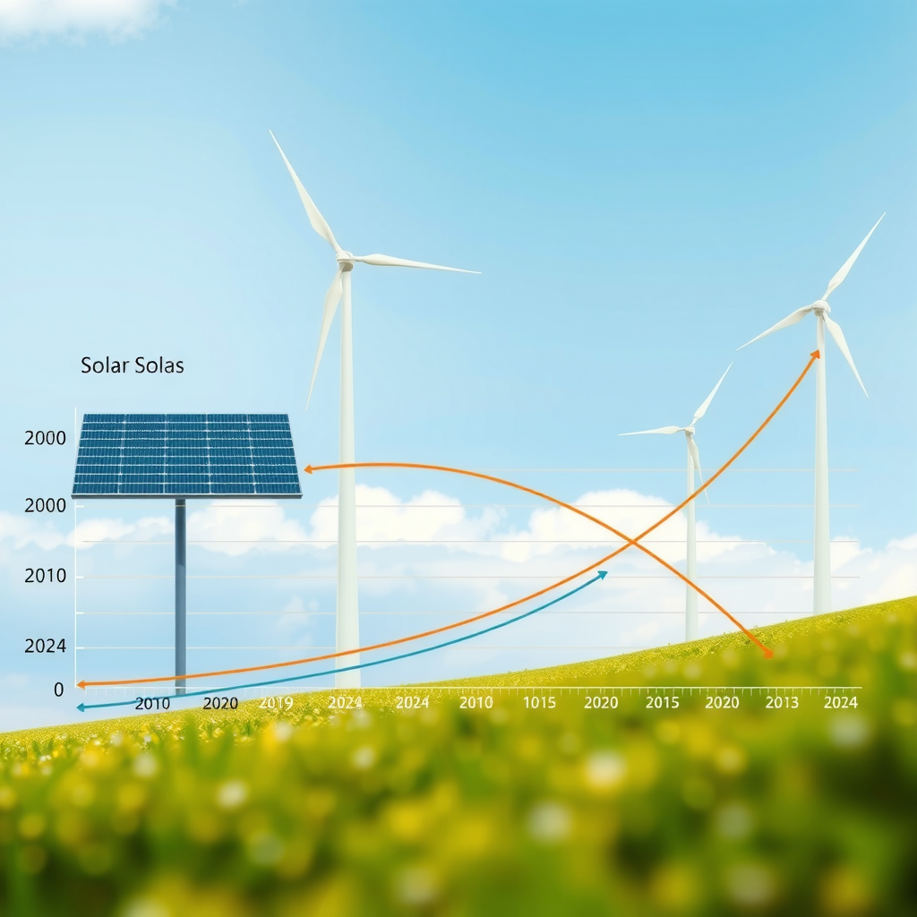 Detailliertes Diagramm zeigt den dramatischen Rückgang der Kosten für Solar- und Windenergie von 2010 bis 2024, mit Vergleichslinien zu fossilen Brennstoffen und Markierungen wichtiger technologischer Durchbrüche