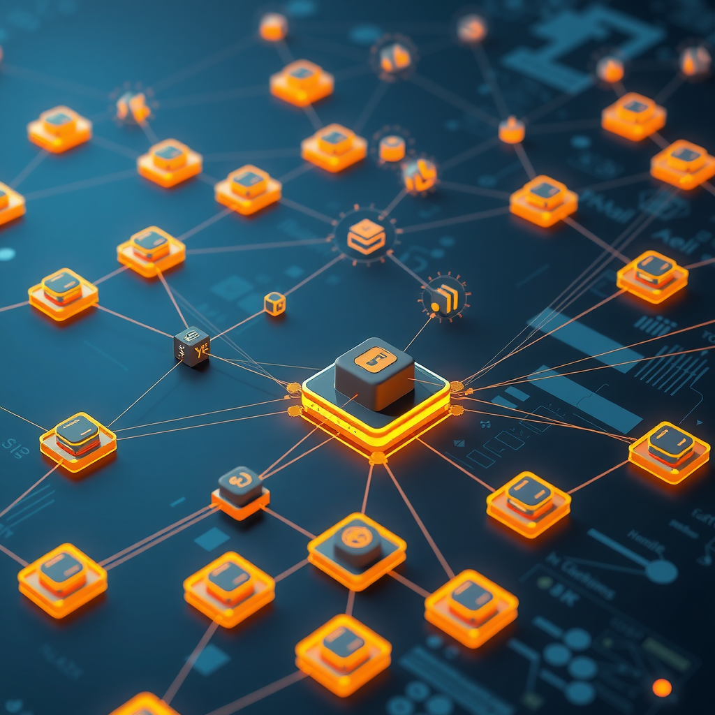Detailliertes Diagramm der Blockchain-Netzwerkarchitektur mit vernetzten Knotenpunkten, Transaktionsblöcken und kryptografischen Verbindungen, das die dezentrale Struktur und Datenflüsse visualisiert