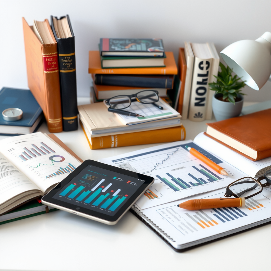 Sammlung von Bildungsmaterialien einschließlich Büchern, Tablets mit Wirtschaftsgrafiken, Notizen und Analysewerkzeugen auf einem modernen Schreibtisch