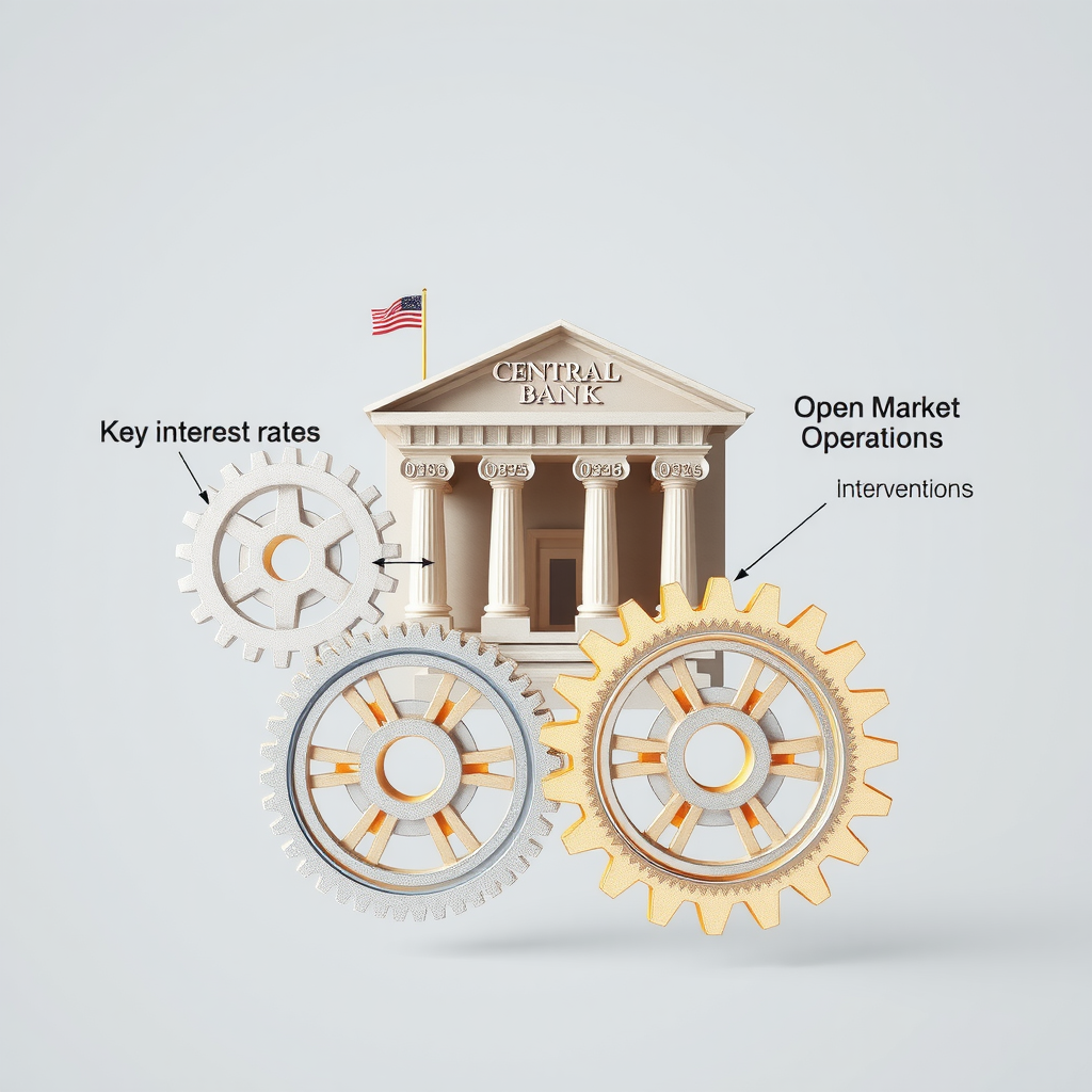 Visualisierung der geldpolitischen Instrumente einer Zentralbank: Leitzinsen, Mindestreserveanforderungen, Offenmarktgeschäfte und Deviseninterventionen dargestellt als miteinander verbundene Zahnräder