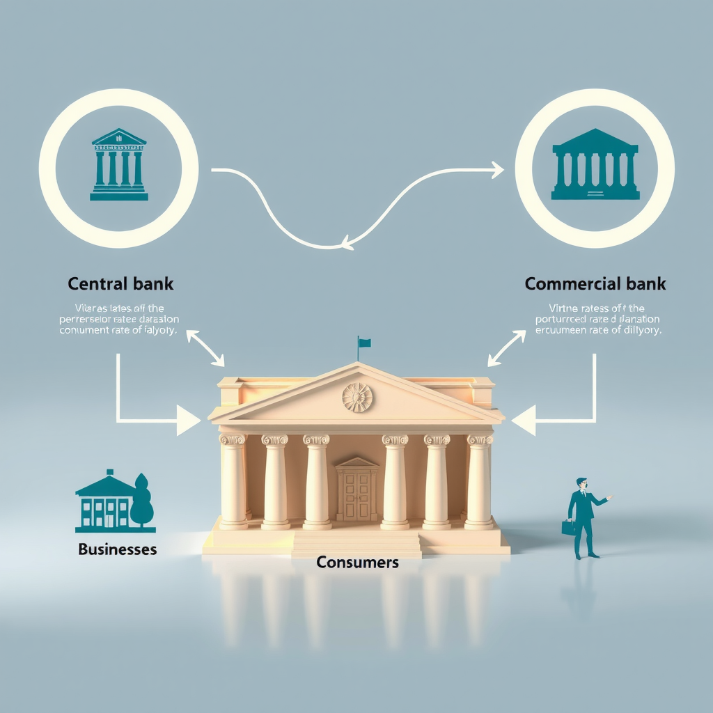 Infografik zeigt den Transmissionsmechanismus der Zinspolitik mit Pfeilen und Verbindungen zwischen Zentralbank, Geschäftsbanken, Unternehmen und Verbrauchern
