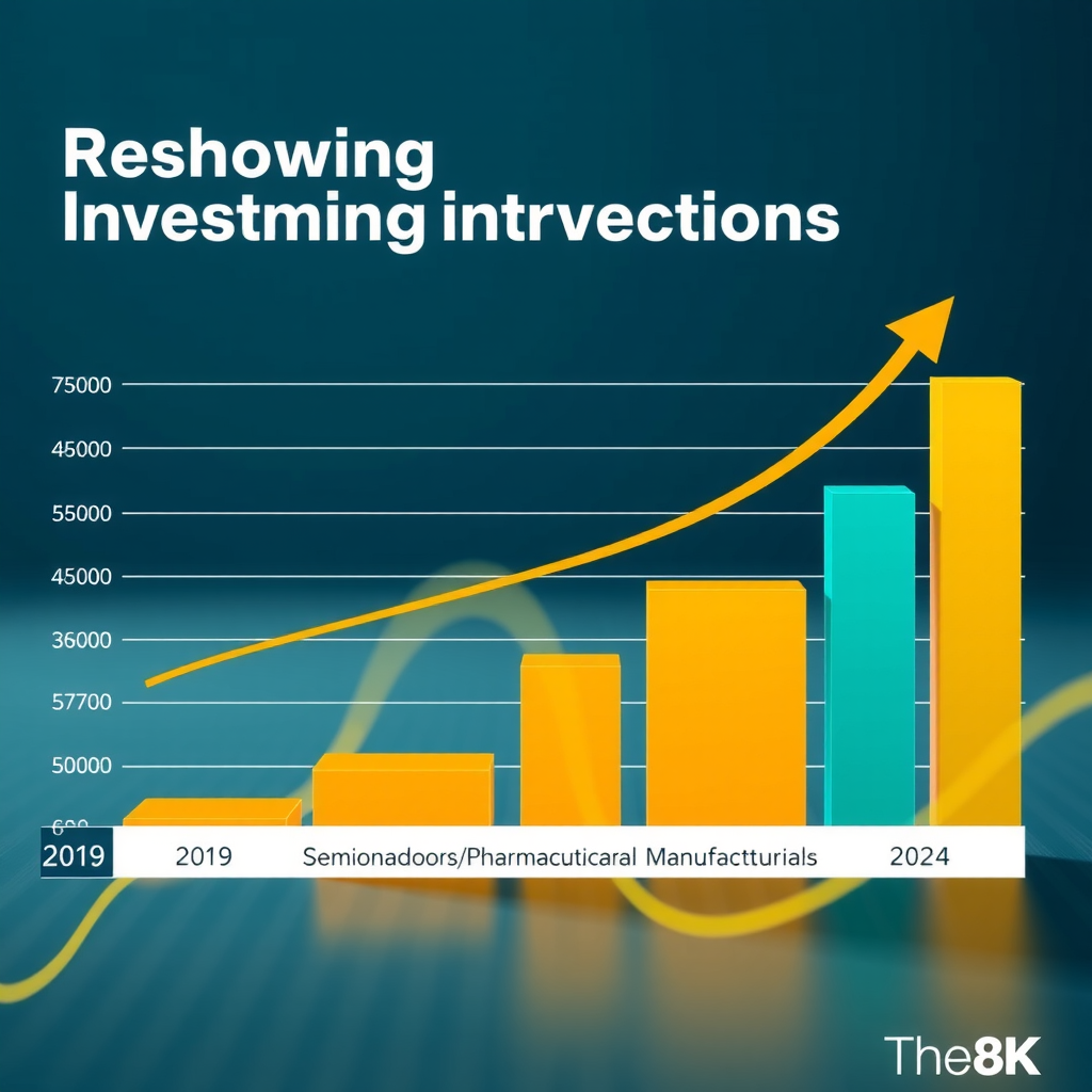 Balkendiagramm zeigt das Wachstum von Reshoring-Investitionen nach Branchen von 2019 bis 2024, mit Halbleitern, Pharmazeutika und fortgeschrittener Fertigung als führende Sektoren, dargestellt in Teal- und Goldfarben mit Wachstumspfeilen
