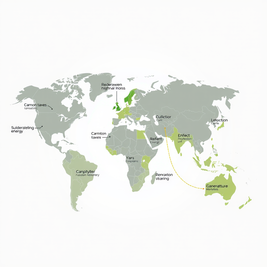 Weltkarte zeigt verschiedene politische Ansätze zur Förderung erneuerbarer Energien in unterschiedlichen Regionen, mit Symbolen für Subventionen, CO2-Steuern, Emissionshandel und regulatorische Vorgaben