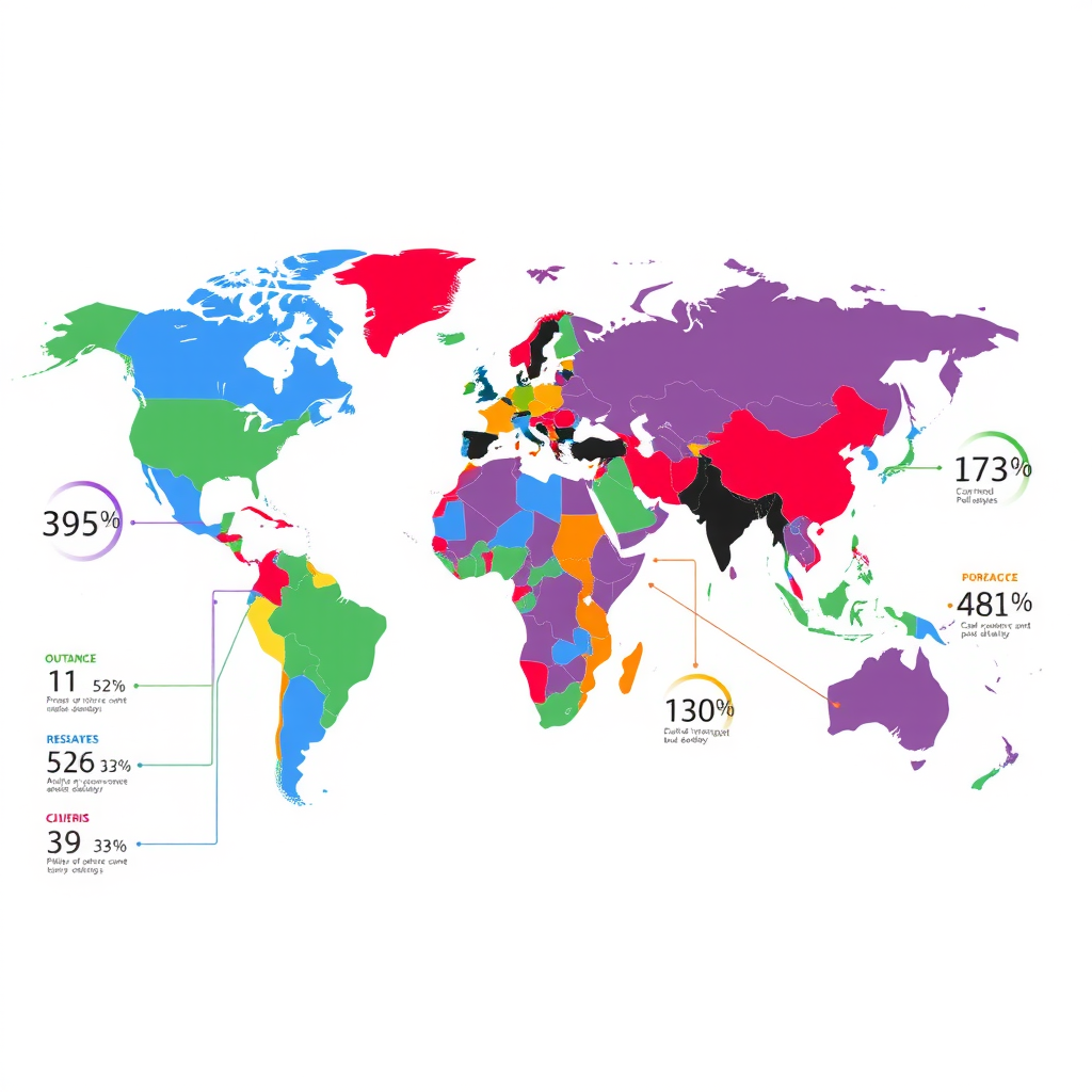Weltkarte mit farbcodierten Ländern, die verschiedene Stadien der CBDC-Implementierung zeigen – von Forschungsphase über Pilotprojekte bis zu vollständiger Einführung, mit Infografiken zu Schlüsselstatistiken