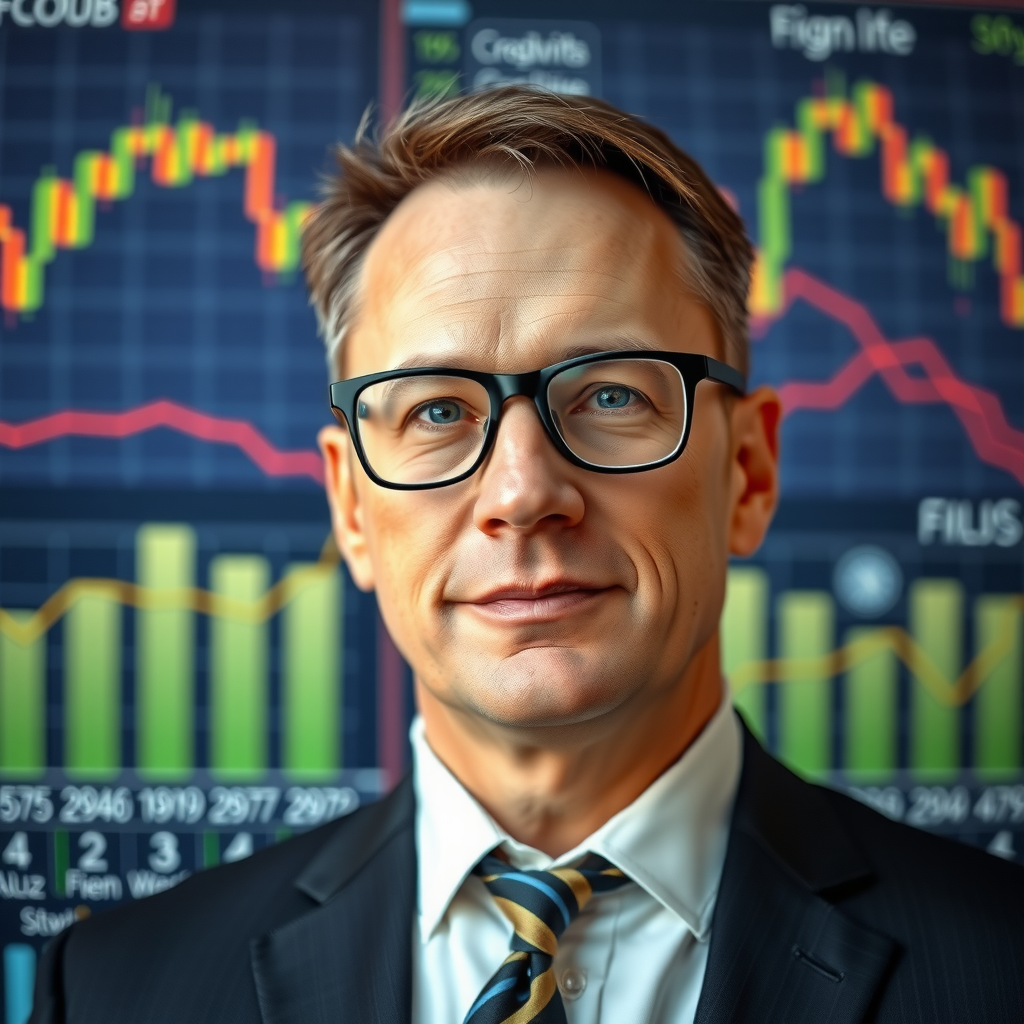 Professionelles Porträt von Dr. Michael Schmidt, leitender Wirtschaftsanalyst mit Brille und Anzug, vor einem Hintergrund mit Wirtschaftsgrafiken