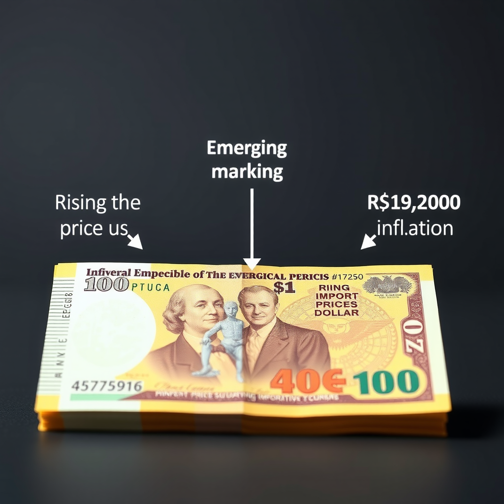 Diagramm, das die Abwertung einer Schwellenland-Währung gegenüber dem US-Dollar zeigt, mit Pfeilen, die auf steigende Importpreise und Inflation hinweisen