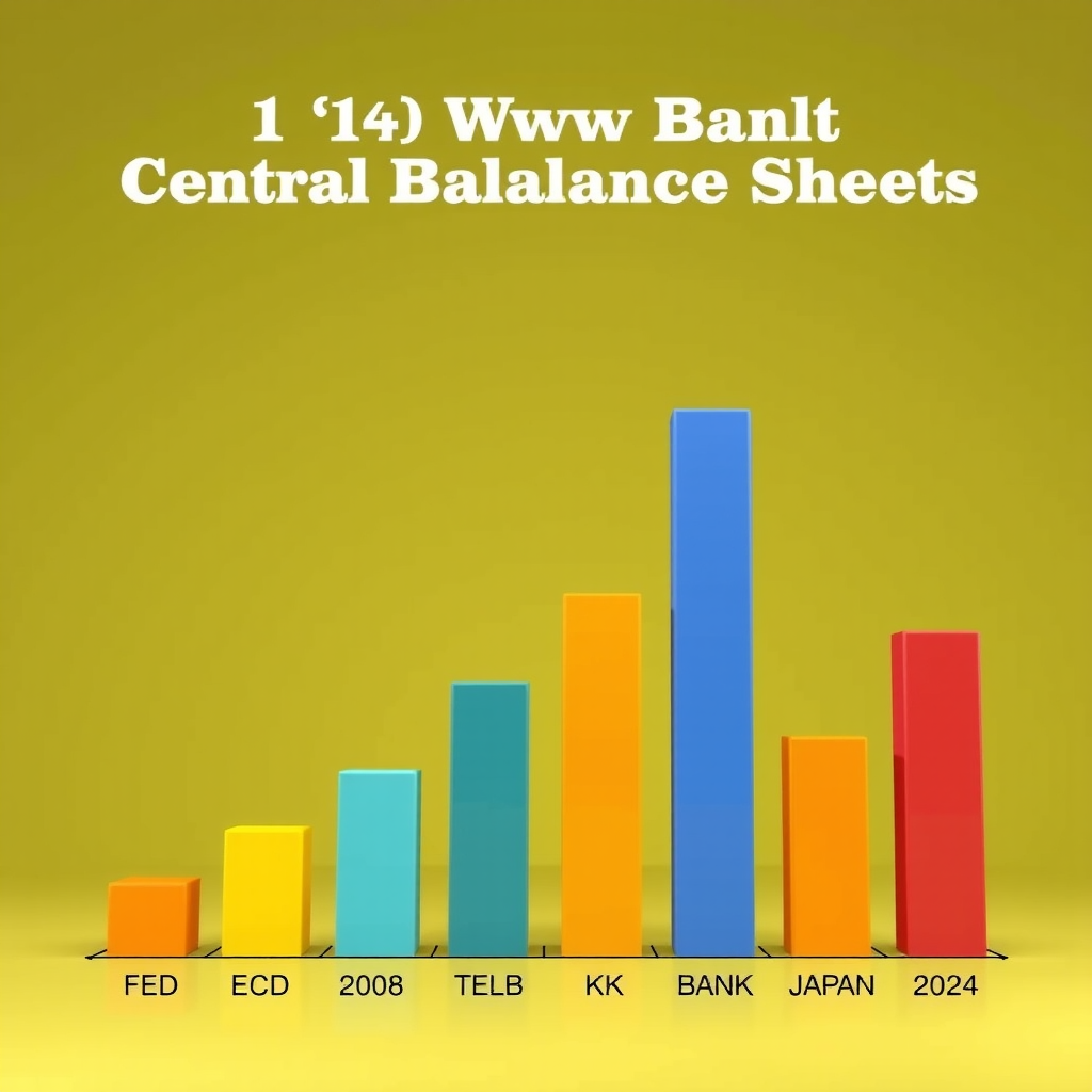 Balkendiagramm zeigt das Wachstum der Zentralbankbilanzen von 2008 bis 2024 für Fed, EZB, Bank of Japan und Bank of England mit verschiedenen Farben