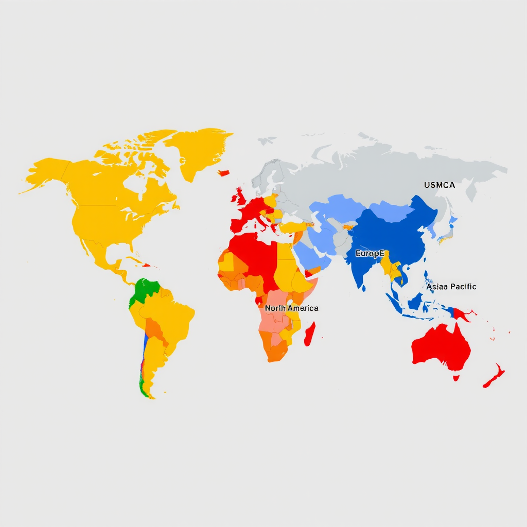Weltkarte zeigt drei Haupthandelsblöcke: Nordamerika (USMCA), Europa (EU) und Asien-Pazifik (RCEP), mit farbcodierten Regionen und Handelsstromlinien, die die zunehmende Regionalisierung des globalen Handels illustrieren