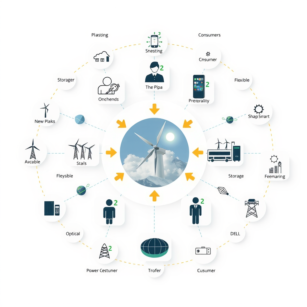 Komplexes Schaubild zeigt die Interaktion verschiedener Marktteilnehmer in einem modernen Energiemarkt mit erneuerbaren Energien, Speichersystemen, flexiblen Verbrauchern und traditionellen Kraftwerken