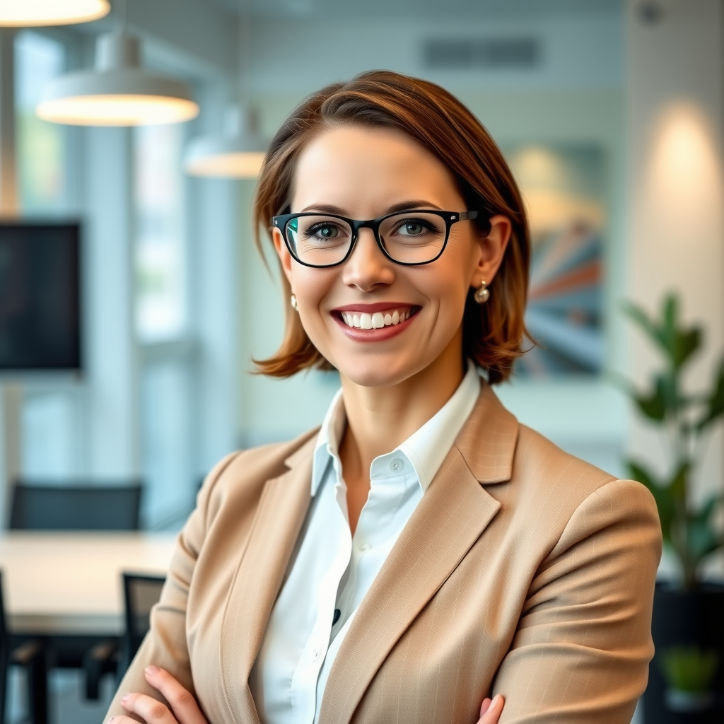 Professionelles Porträt von Sarah Müller, Bildungsdirektorin, lächelnd in Business-Kleidung vor einem modernen Büroumfeld