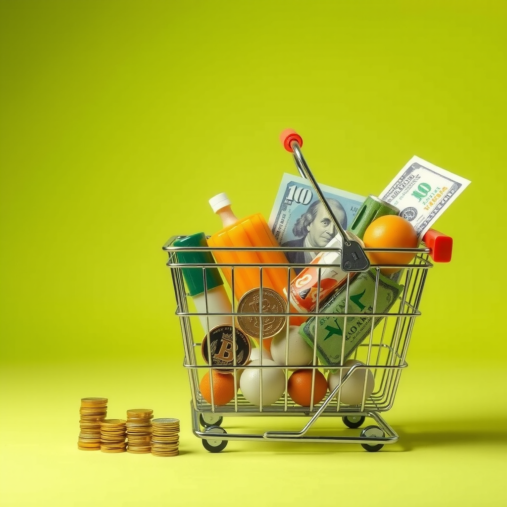 Grafische Darstellung des Kaufkraftverlusts über die Zeit: ein Warenkorb mit Lebensmitteln wird kleiner, während die Geldmenge gleich bleibt, symbolisiert durch Münzen und Banknoten