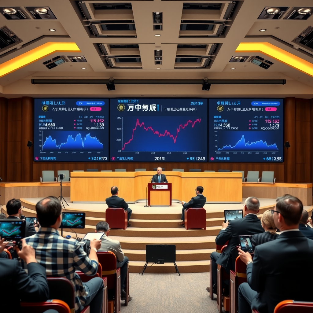 Pressekonferenz einer Zentralbank mit Sprechern am Podium, Journalisten im Publikum und Bildschirmen mit Wirtschaftsdaten im Hintergrund
