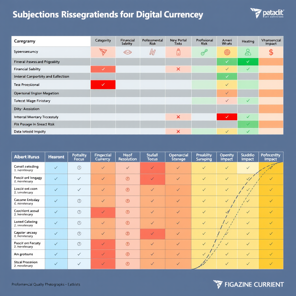 Umfassende Risikobewertungsmatrix für digitale Währungen mit Kategorien wie Cybersicherheit, Finanzstabilität, Datenschutz und operationelle Risiken, visualisiert durch Heatmap und Wahrscheinlichkeits-Impact-Diagramme