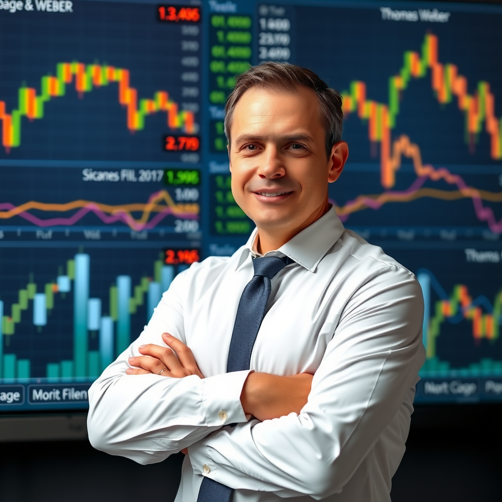 Professionelles Porträt von Thomas Weber, Marktforschungsleiter, in formeller Kleidung mit verschränkten Armen vor einem Hintergrund mit Finanzdiagrammen
