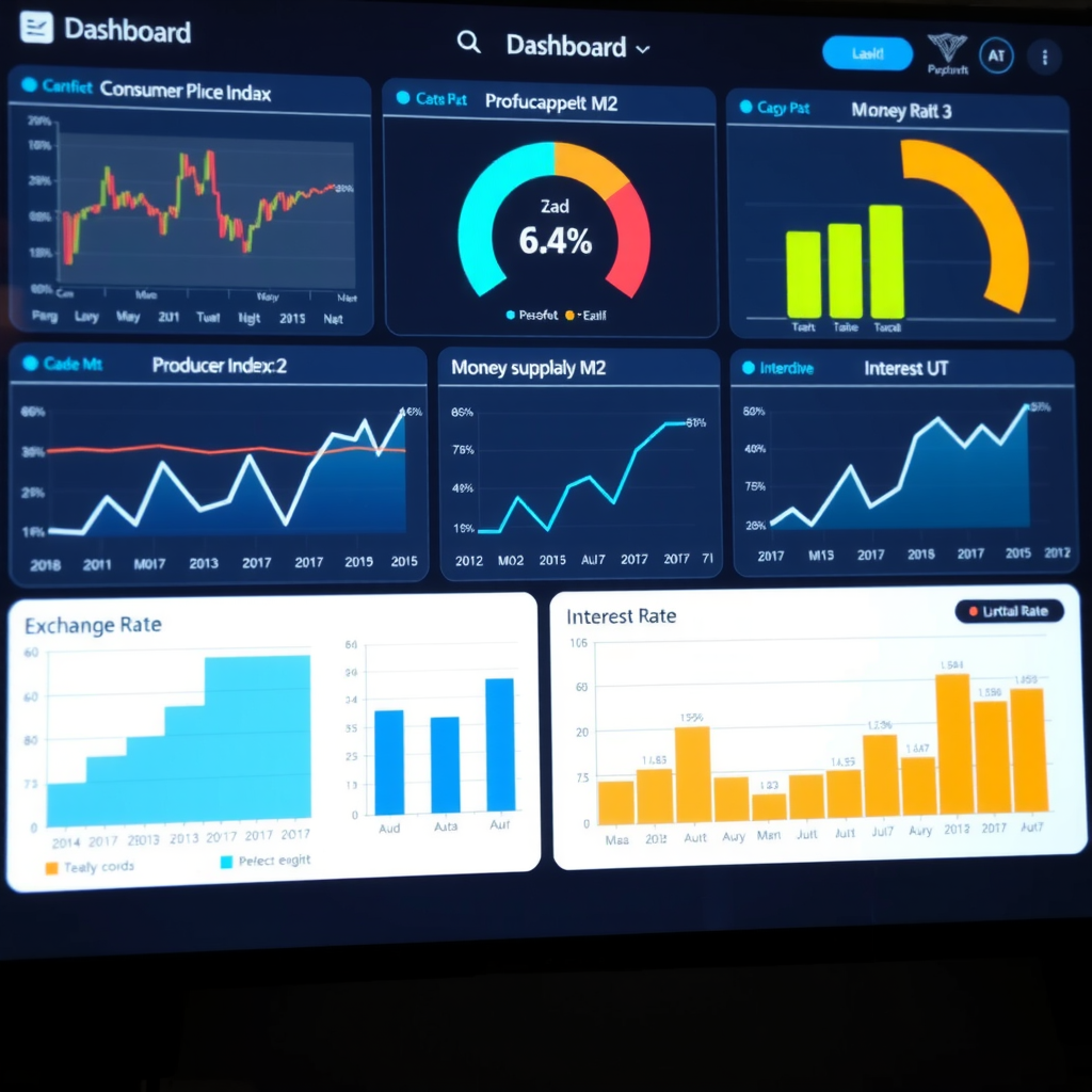 Dashboard mit verschiedenen Wirtschaftsindikatoren: Verbraucherpreisindex, Erzeugerpreisindex, Geldmenge M2, Wechselkurs und Zinssätze als interaktive Diagramme und Grafiken