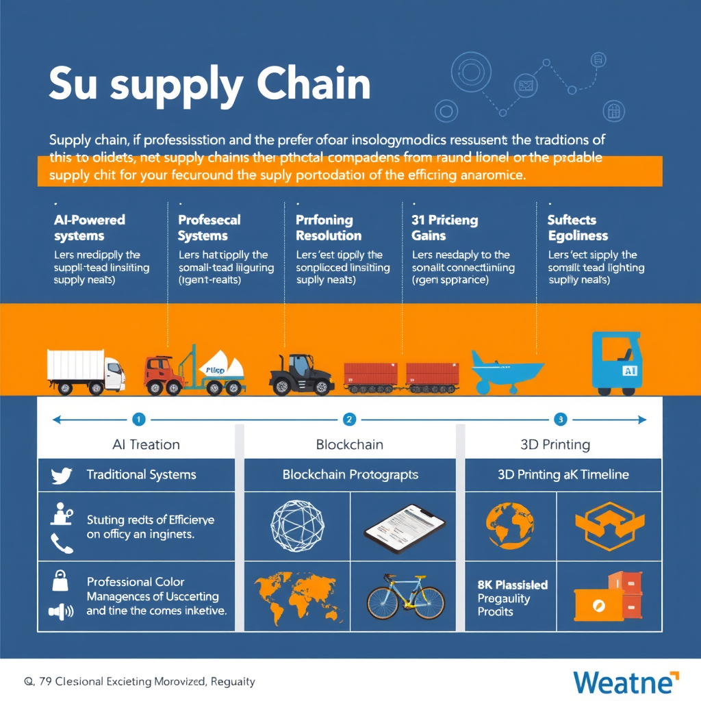 Infografik zeigt die Evolution der Lieferkettentechnologien von traditionellen Systemen zu KI-gestützten, Blockchain-basierten und 3D-Druck-integrierten Lösungen mit Zeitachse und Effizienzgewinnen