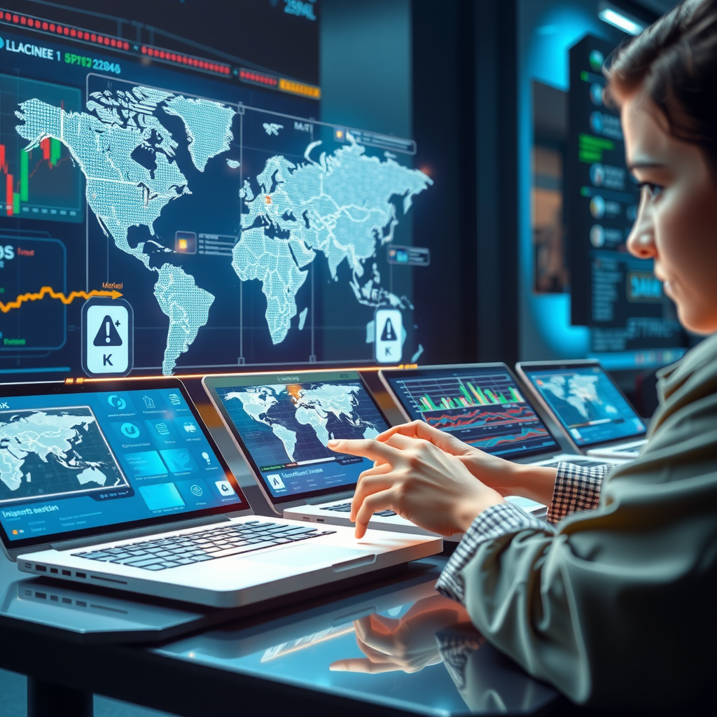 Futuristische Darstellung von Online-Lernen mit holografischen Wirtschaftsdaten, interaktiven Bildschirmen und vernetzten globalen Märkten