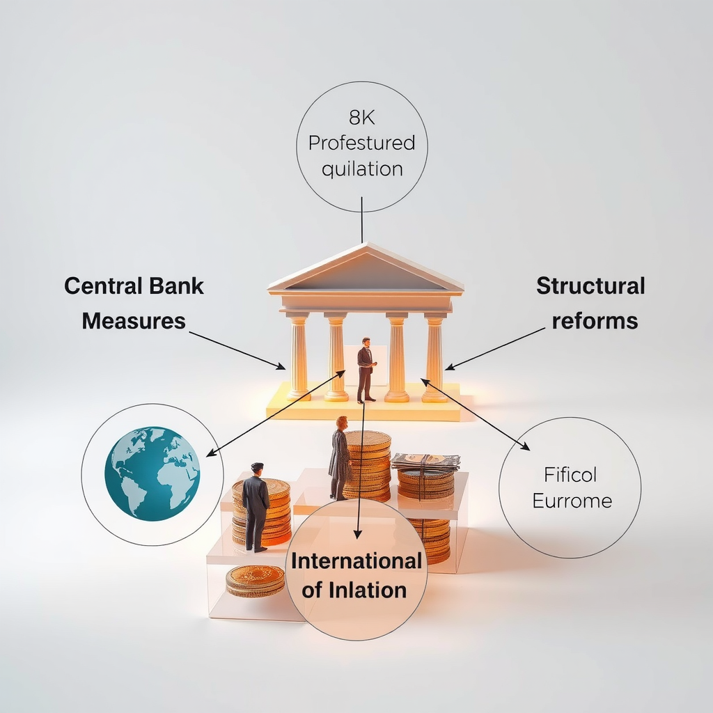 Konzeptionelle Darstellung verschiedener Strategien zur Inflationsbekämpfung: Zentralbank-Maßnahmen, Strukturreformen, Fiskalpolitik und internationale Zusammenarbeit als miteinander verbundene Elemente