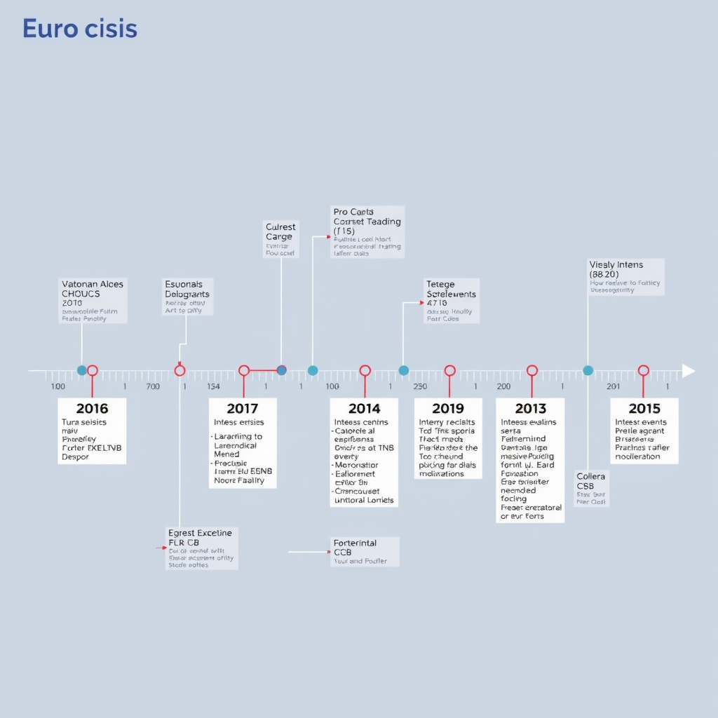 Zeitstrahl der Euro-Krise von 2010 bis 2015 mit wichtigen Ereignissen, Zinsentwicklungen und EZB-Interventionen grafisch dargestellt
