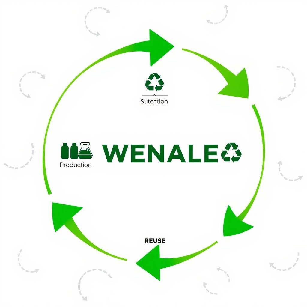 Kreislaufdiagramm zeigt den Fluss von Materialien in einer nachhaltigen Lieferkette: Produktion, Nutzung, Sammlung, Recycling und Wiederverwendung mit grünen Pfeilen und Nachhaltigkeitsindikatoren