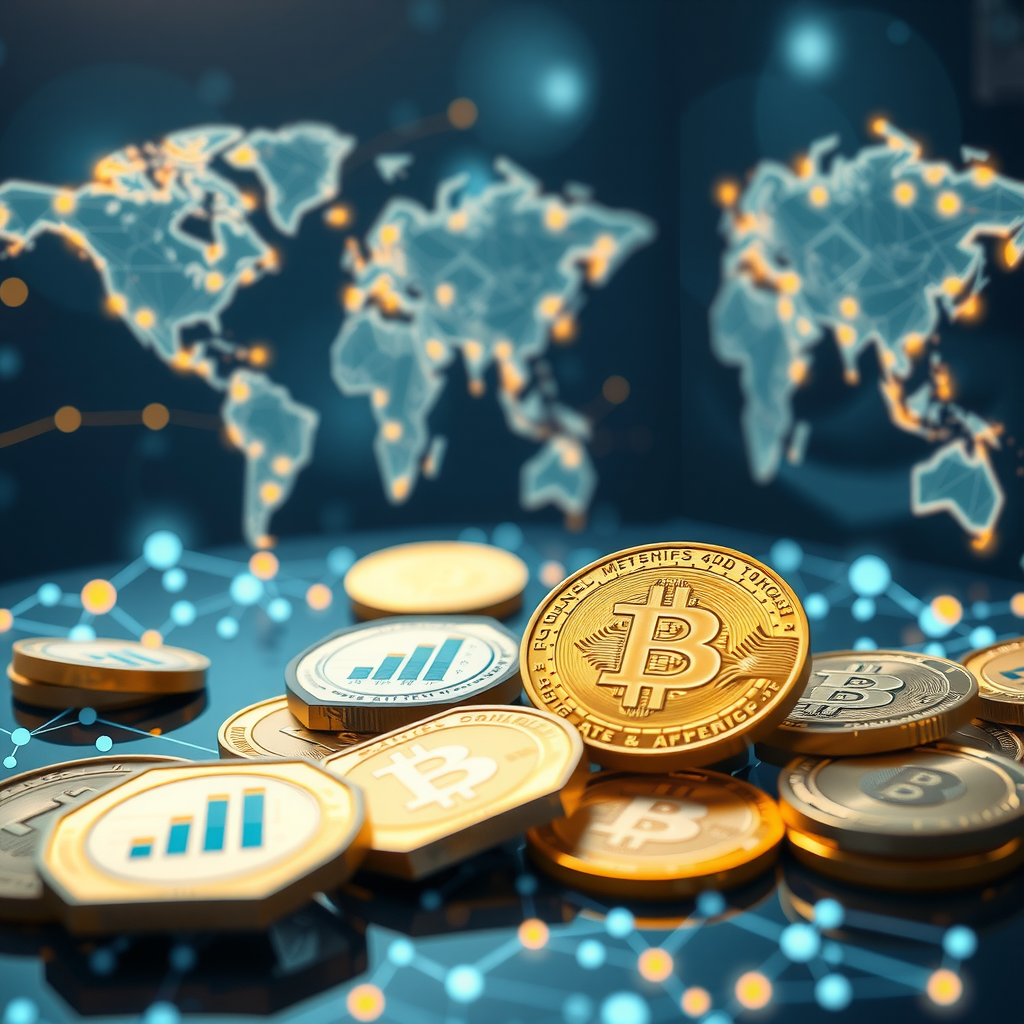 Futuristische Darstellung der Geldpolitik mit digitalen Währungen, KI-gestützten Analysen und globalen Vernetzungen in einem modernen Design